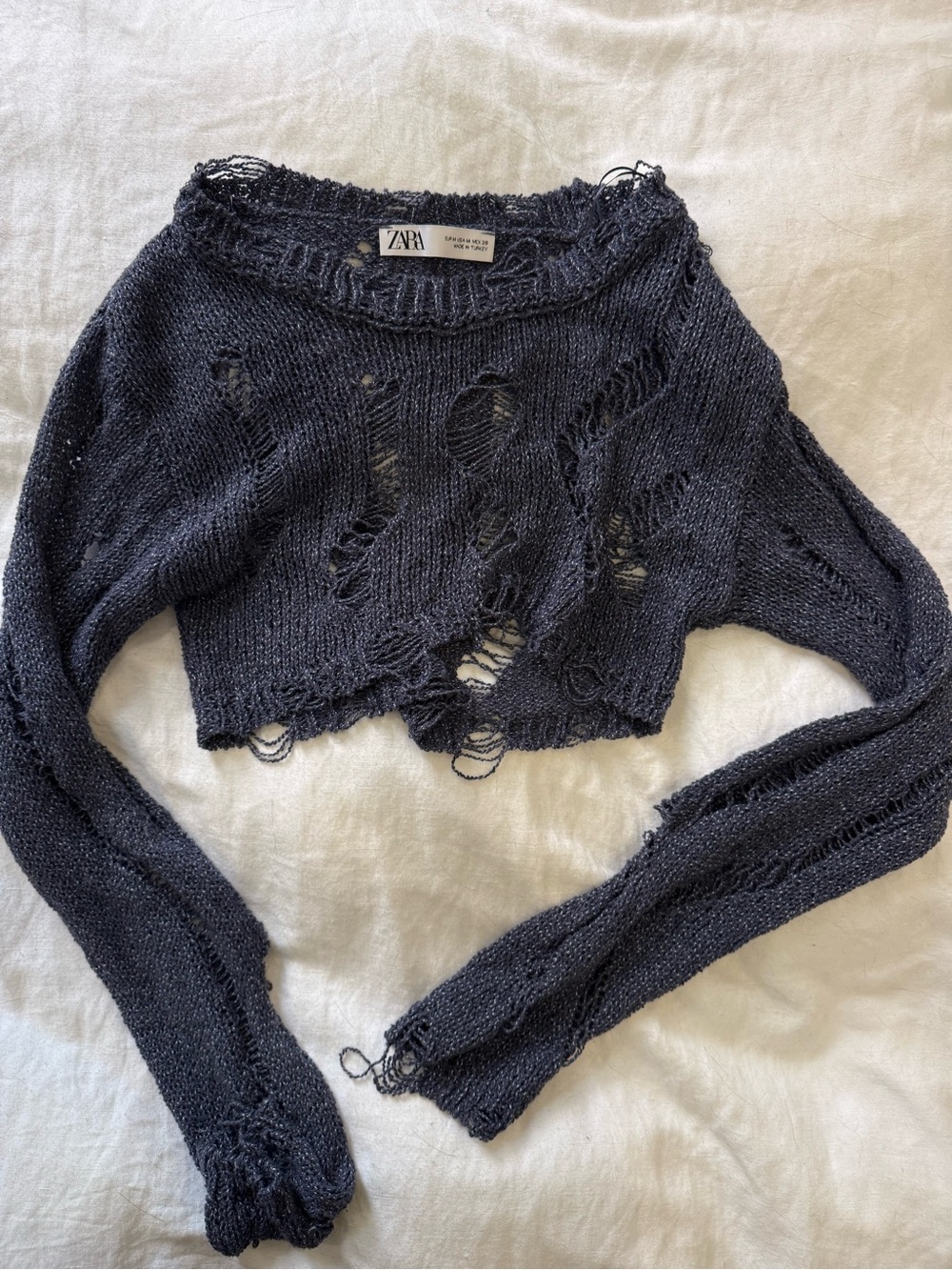 ZARA Distressed Cropped Knit Sweater - Charcoal Blue